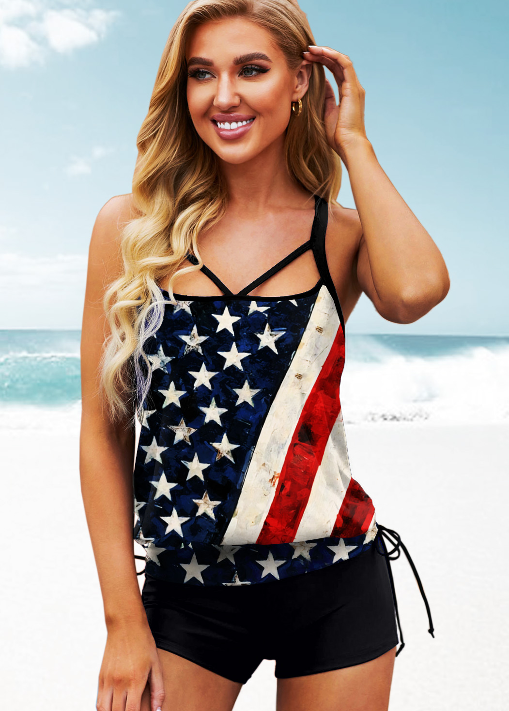 Multi Color swimwear,Flag swimwear,ROTITA American Flag Print Blouson Tankini Set