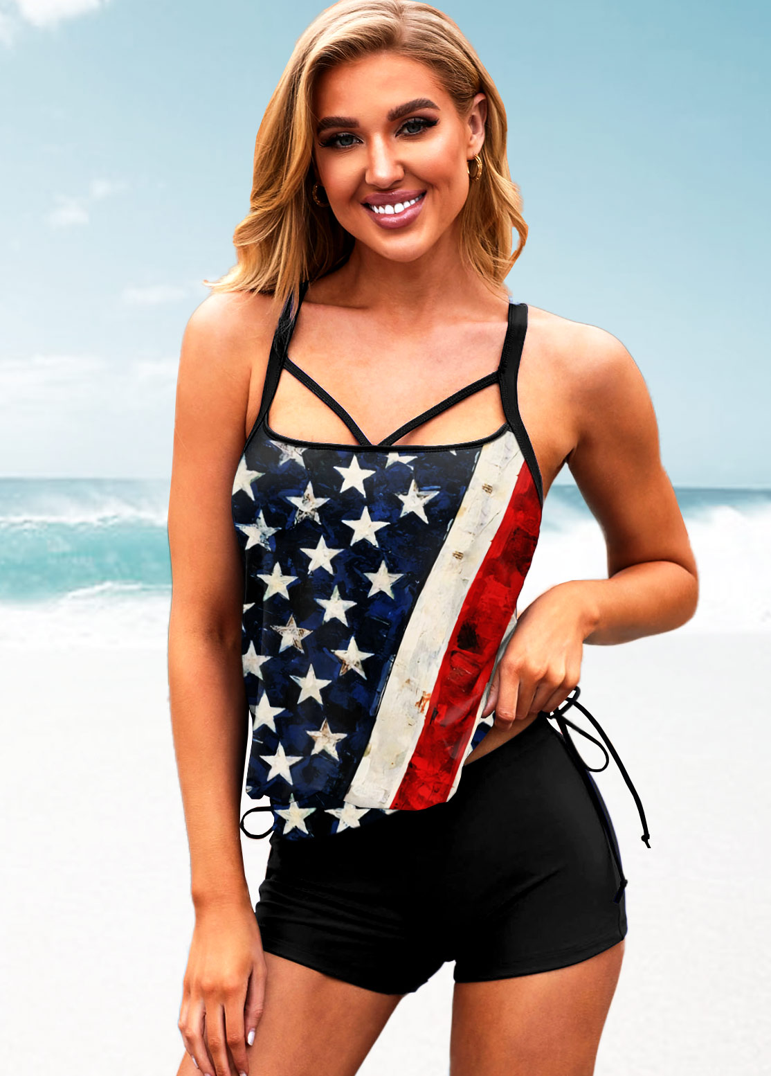 Multi Color swimwear,Flag swimwear,ROTITA American Flag Print Blouson Tankini Set