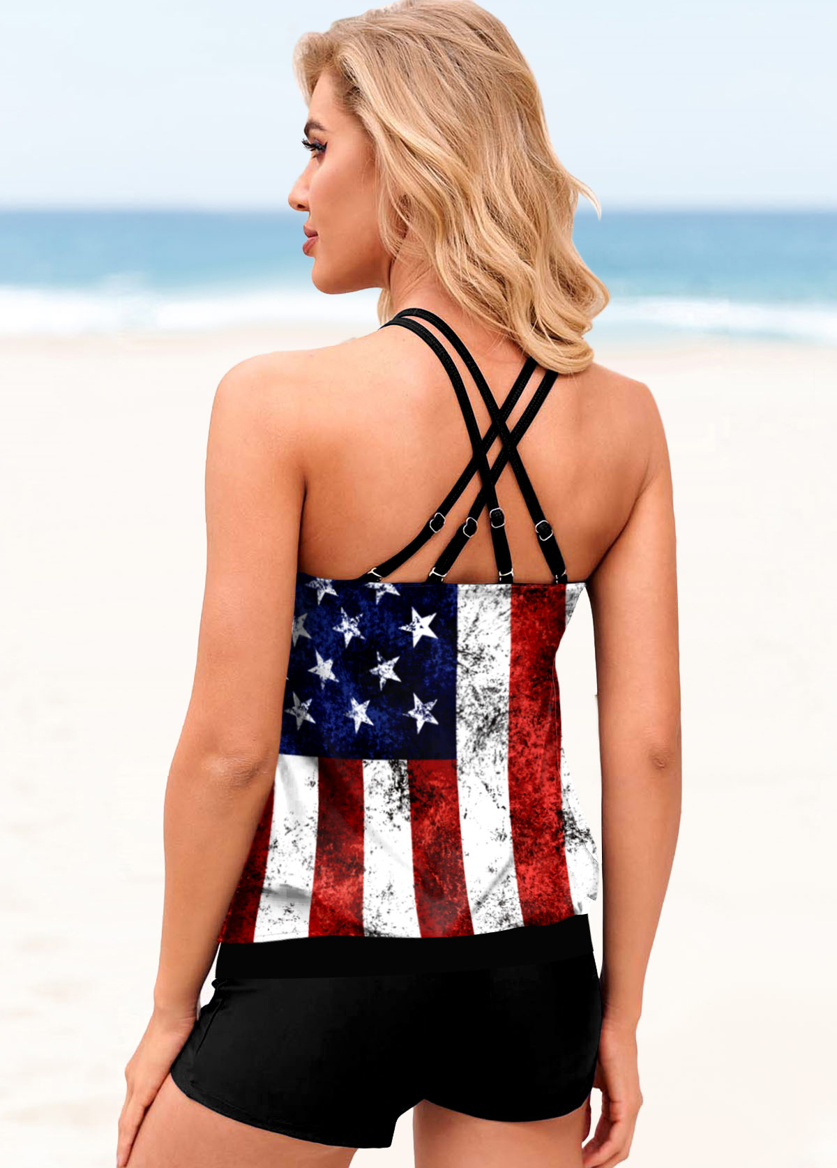 Multi Color swimwear,Flag swimwear,ROTITA Cross Strap American Flag Print Tankini Set
