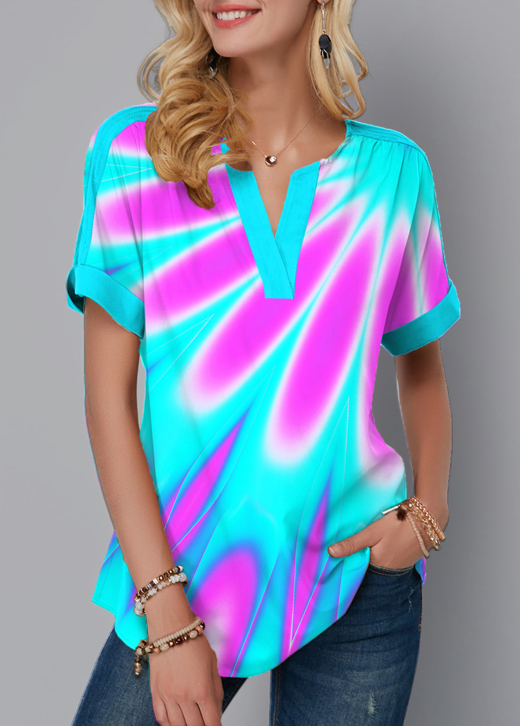 Multi Color tops,Dazzle Colorful tops,ROTITA Split Neck Short Sleeve Multicolor Printed Blouse