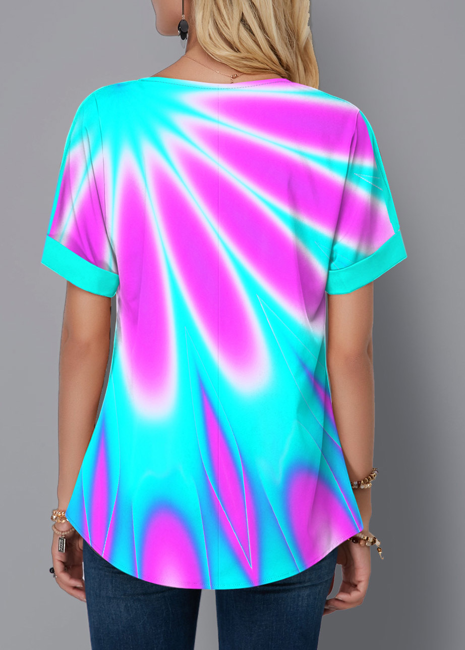 Multi Color tops,Dazzle Colorful tops,ROTITA Split Neck Short Sleeve Multicolor Printed Blouse