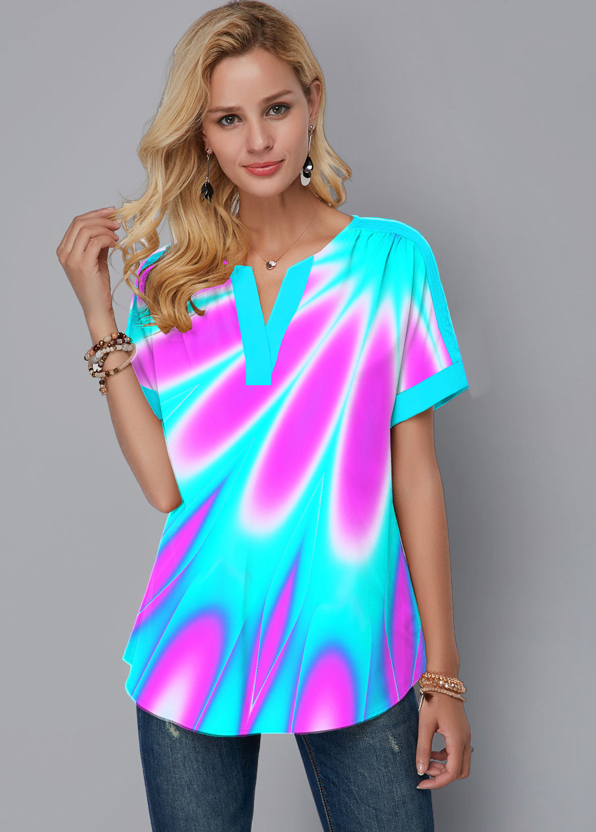 Multi Color tops,Dazzle Colorful tops,ROTITA Split Neck Short Sleeve Multicolor Printed Blouse
