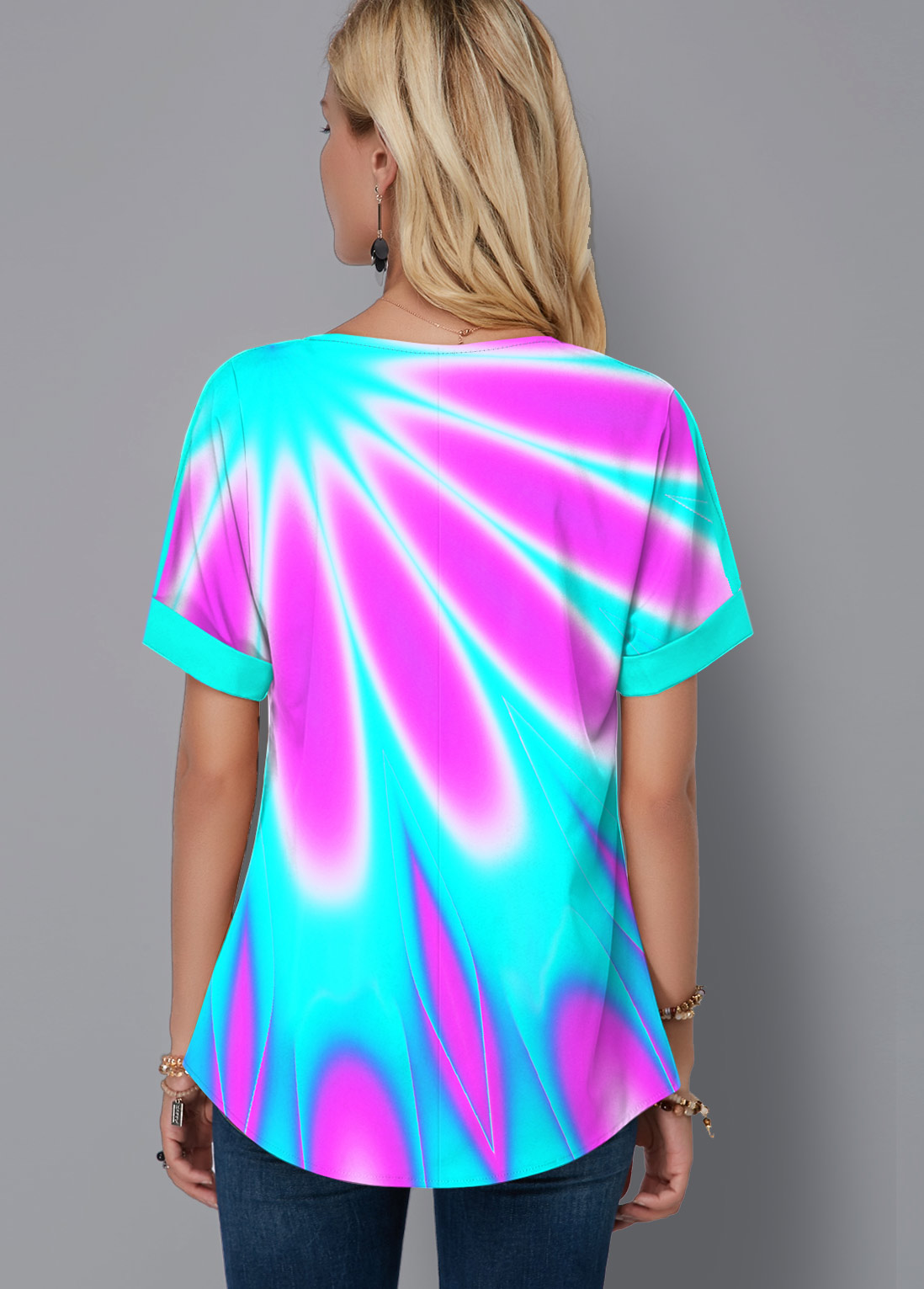 Multi Color tops,Dazzle Colorful tops,ROTITA Split Neck Short Sleeve Multicolor Printed Blouse