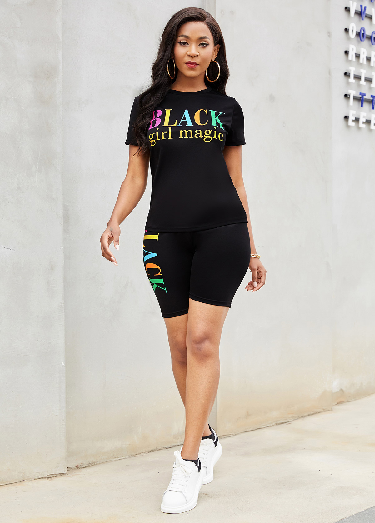 Black jumpsuits & rompers,Letter jumpsuits & rompers,Round Neck Letter Print Short Sleeve Sweatsuit Set