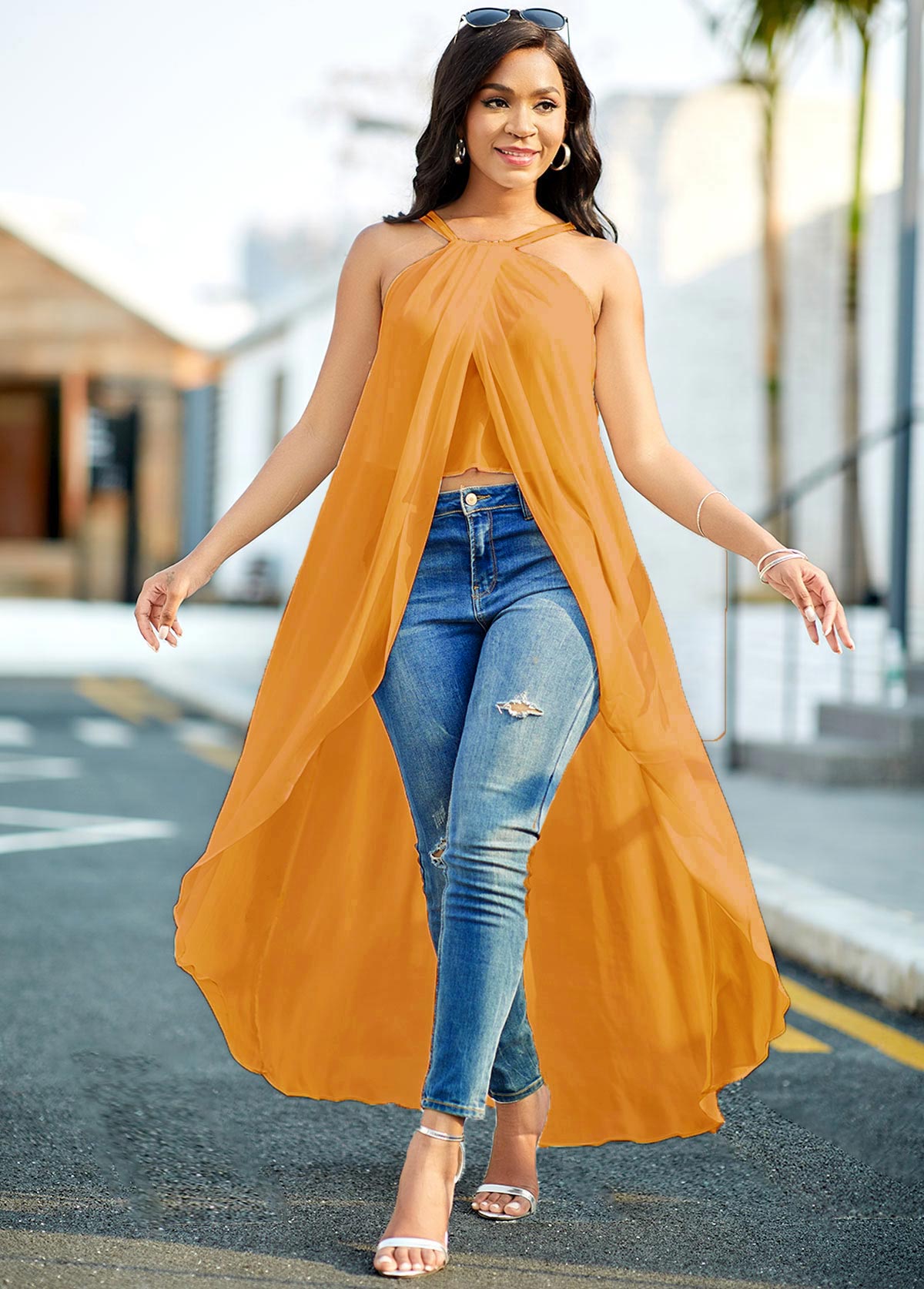 ROTITA Asymmetric Hem Ginger Spaghetti Strap Camisole Top