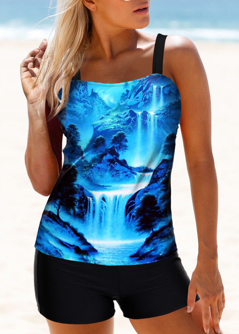 ROTITA Scape Print Spaghetti Strap Tankini Set