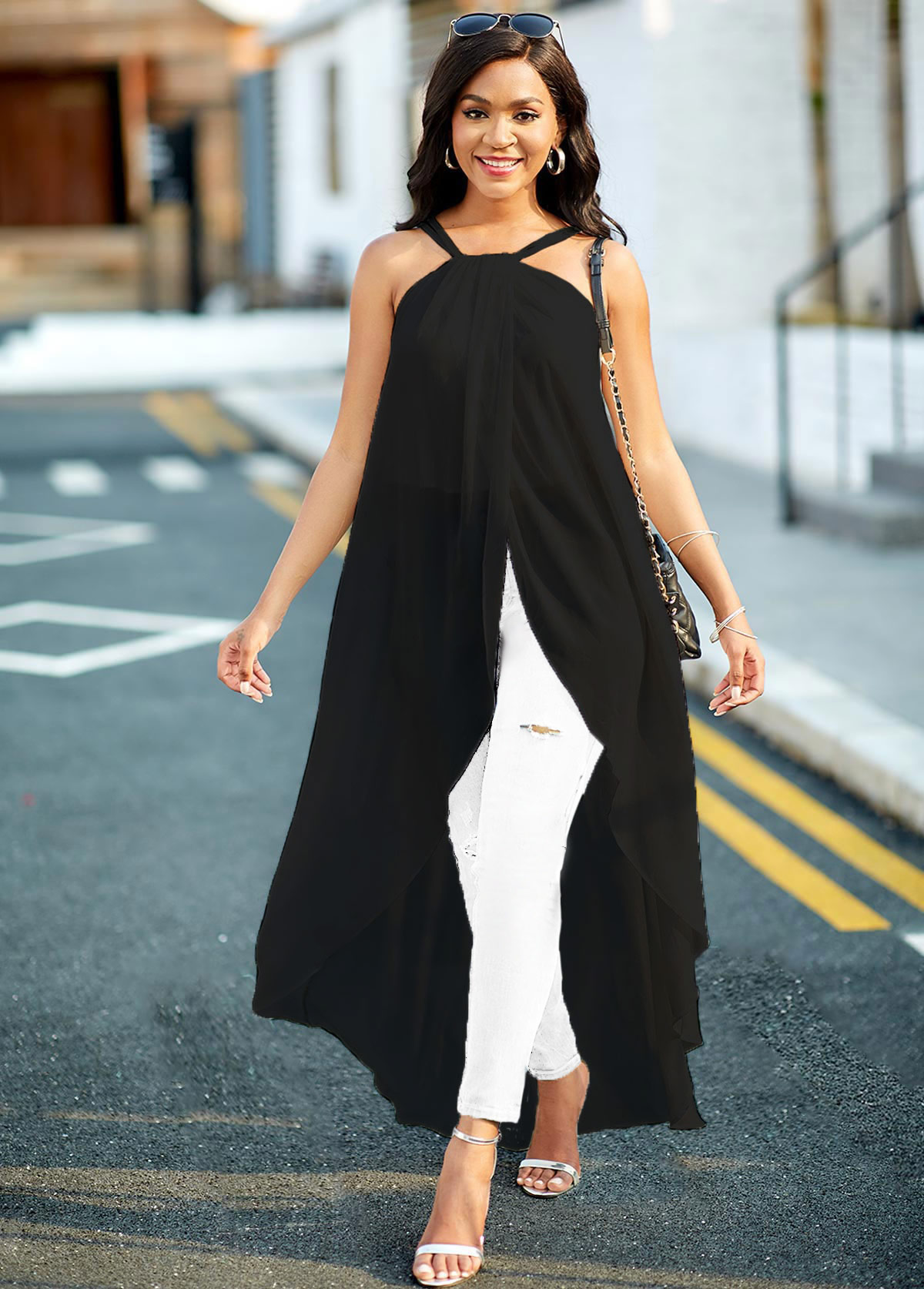 Black tops,Plain Color tops,ROTITA Spaghetti Strap Asymmetric Hem Black Camisole Top