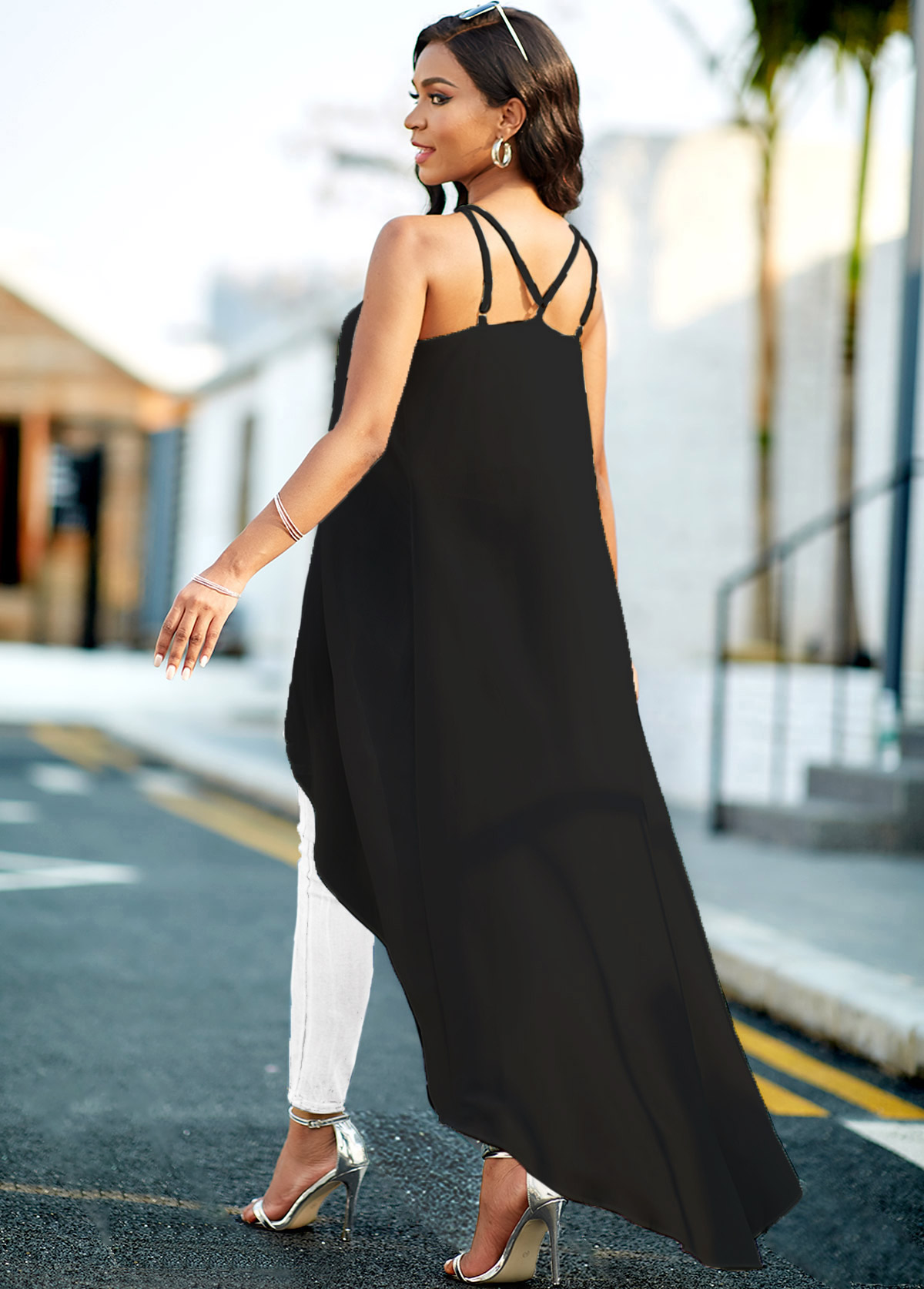 Black tops,Plain Color tops,ROTITA Spaghetti Strap Asymmetric Hem Black Camisole Top