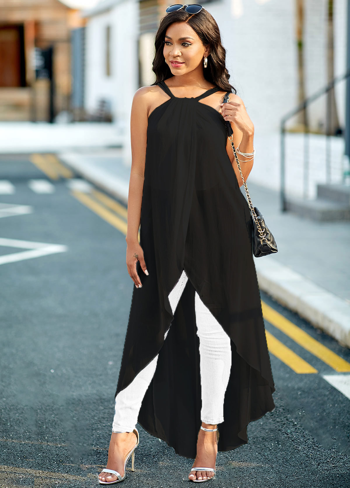 Black tops,Plain Color tops,ROTITA Spaghetti Strap Asymmetric Hem Black Camisole Top