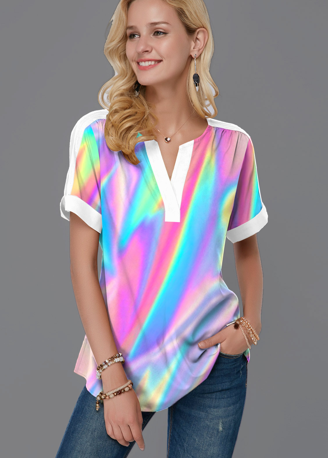 Multi Color tops,Dazzle Colorful tops,ROTITA Split Neck Colorful Short Sleeve Blouse
