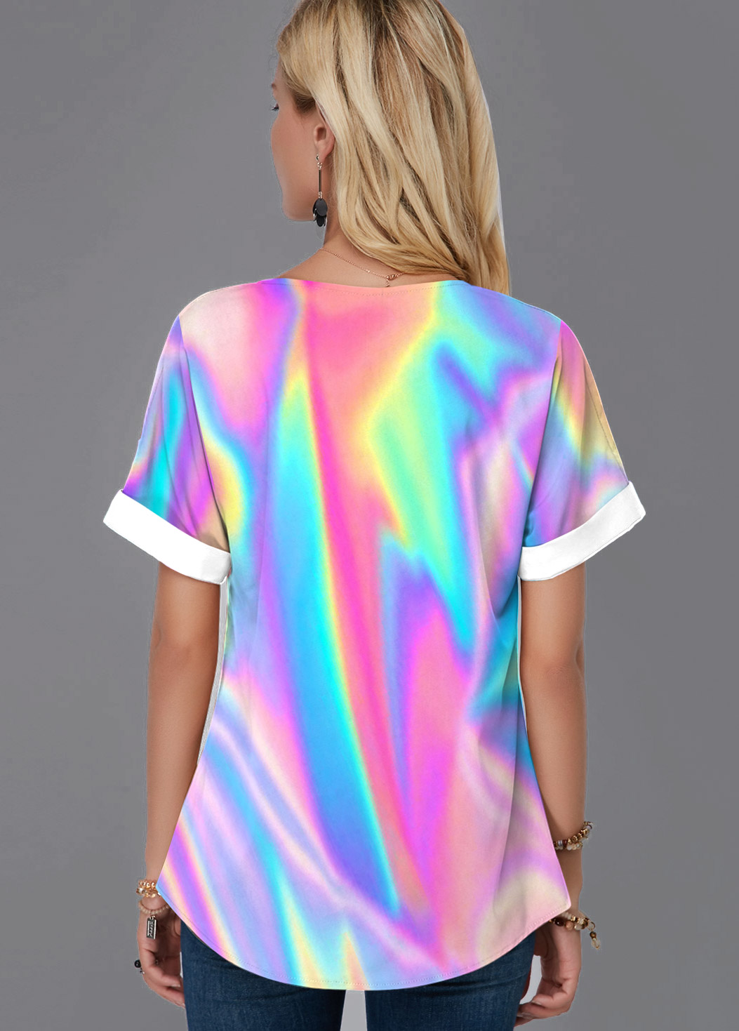 Multi Color tops,Dazzle Colorful tops,ROTITA Split Neck Colorful Short Sleeve Blouse