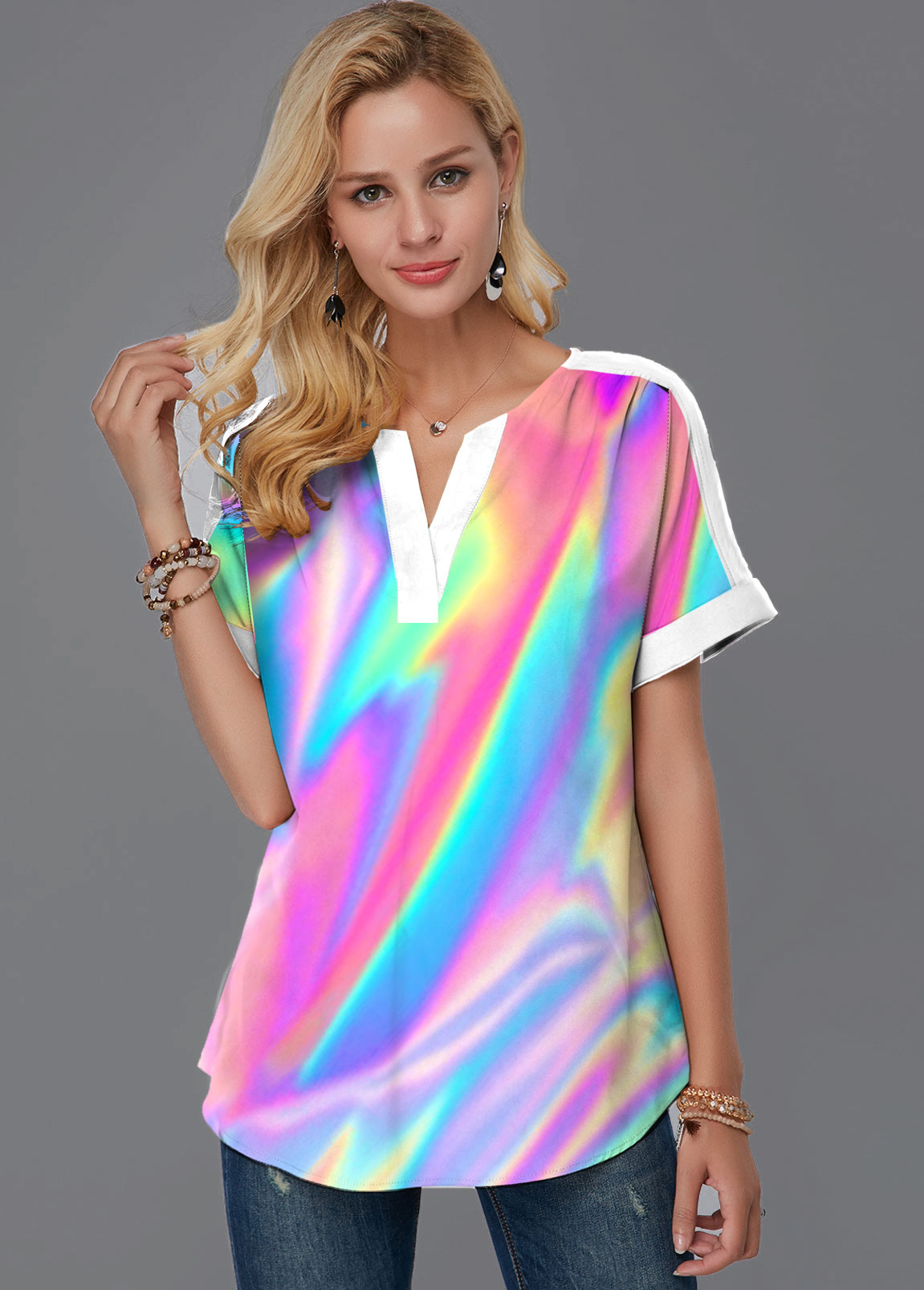 Multi Color tops,Dazzle Colorful tops,ROTITA Split Neck Colorful Short Sleeve Blouse