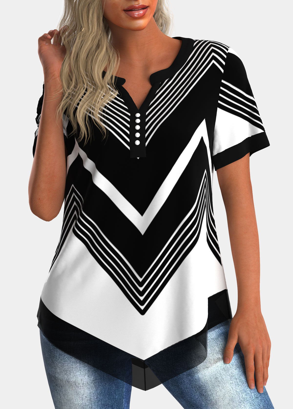 Multi Color tops,Geometric tops,ROTITA Chiffon Panel Asymmetric Hem Geometric Print Blouse