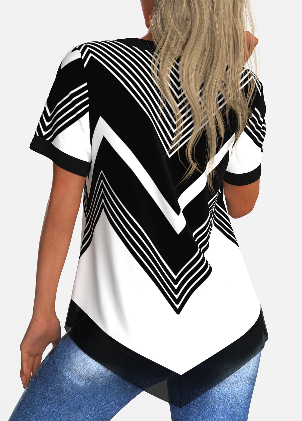 Multi Color tops,Geometric tops,ROTITA Chiffon Panel Asymmetric Hem Geometric Print Blouse