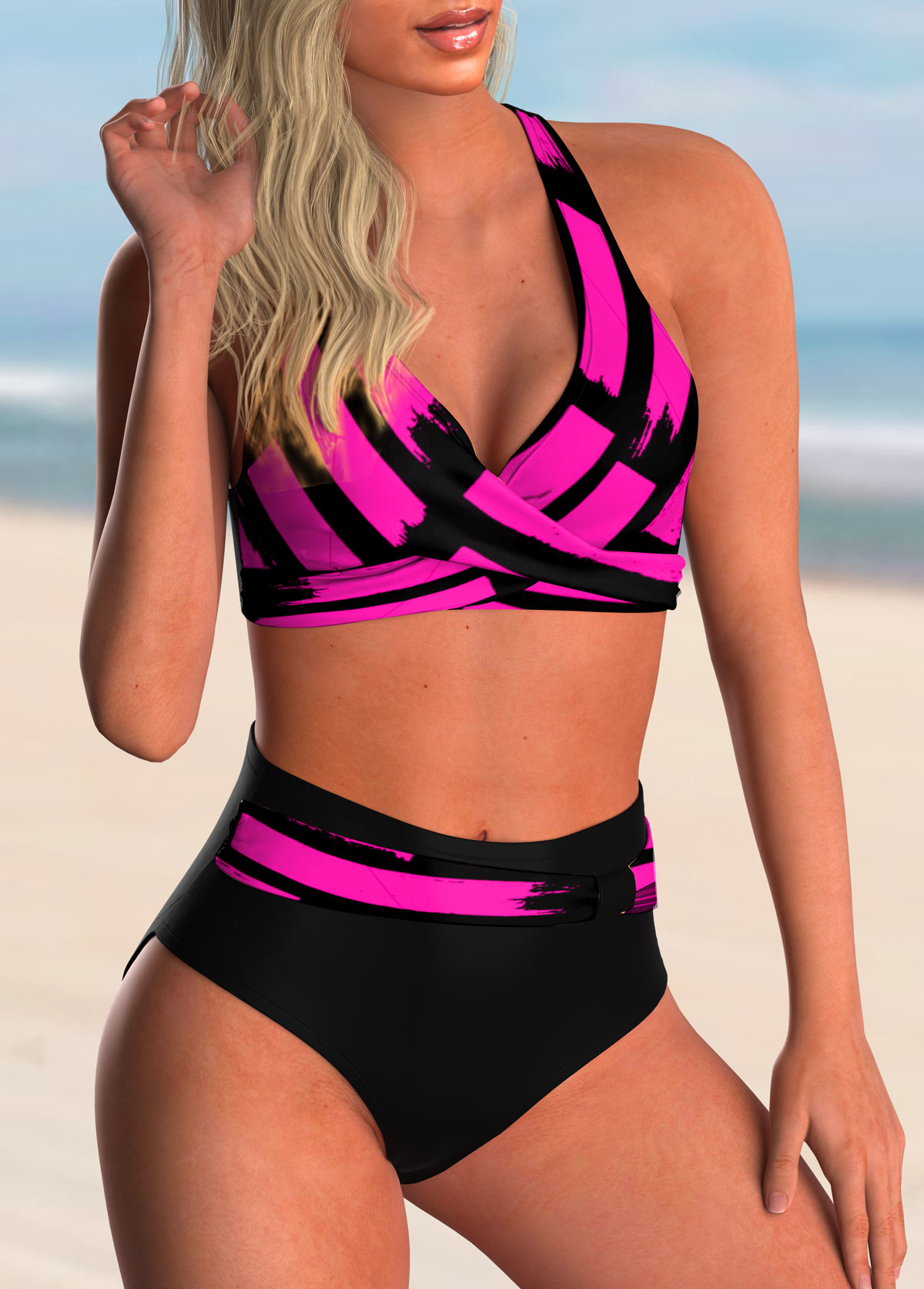 Hot Pink swimwear,Geometric swimwear,ROTITA High Waist Cross Front Geometric Print Bikini Set 