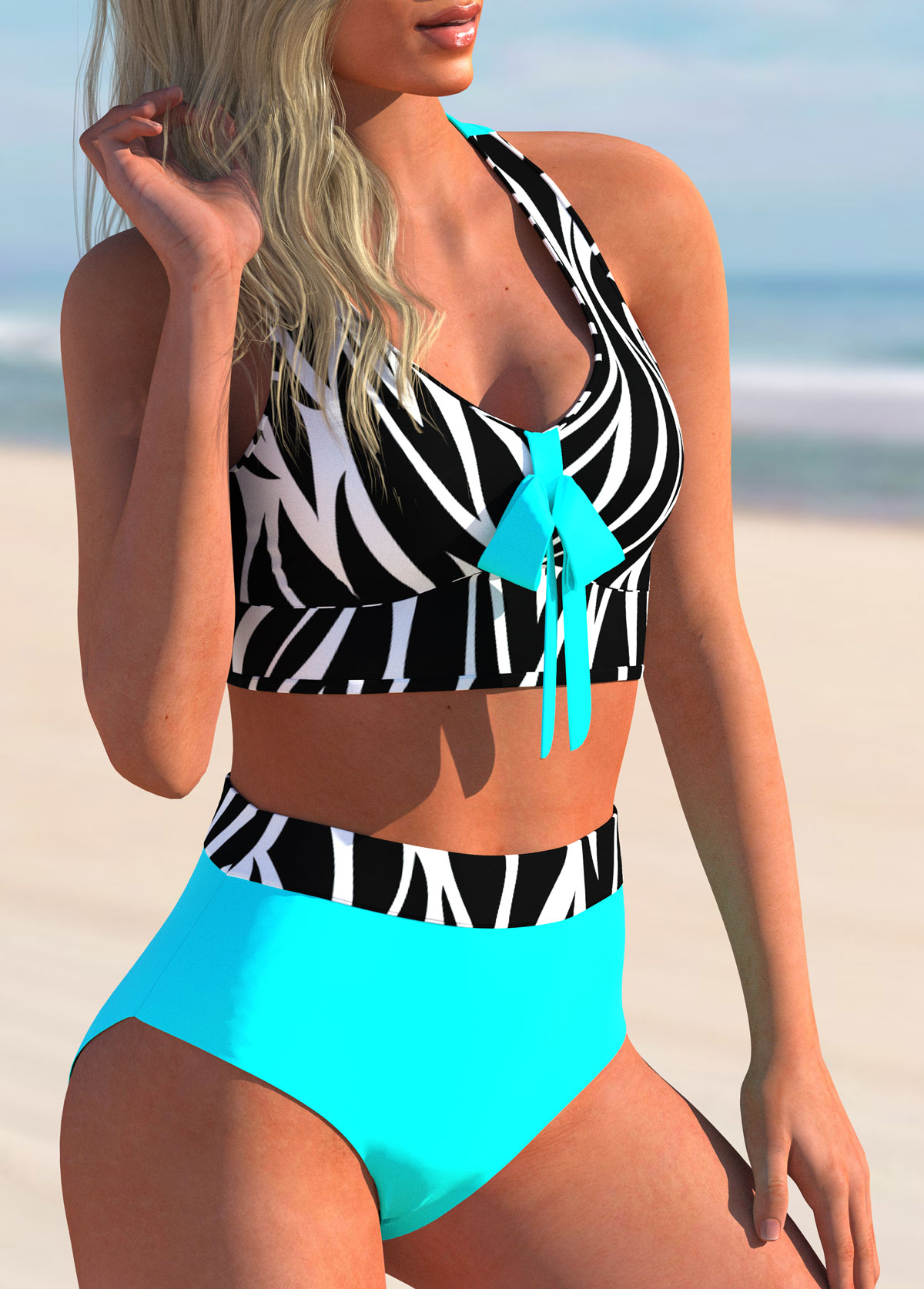 Cyan swimwear,Animal Print swimwear,ROTITA Bowknot Zebra Print Criss Cross Back Bikini Set 