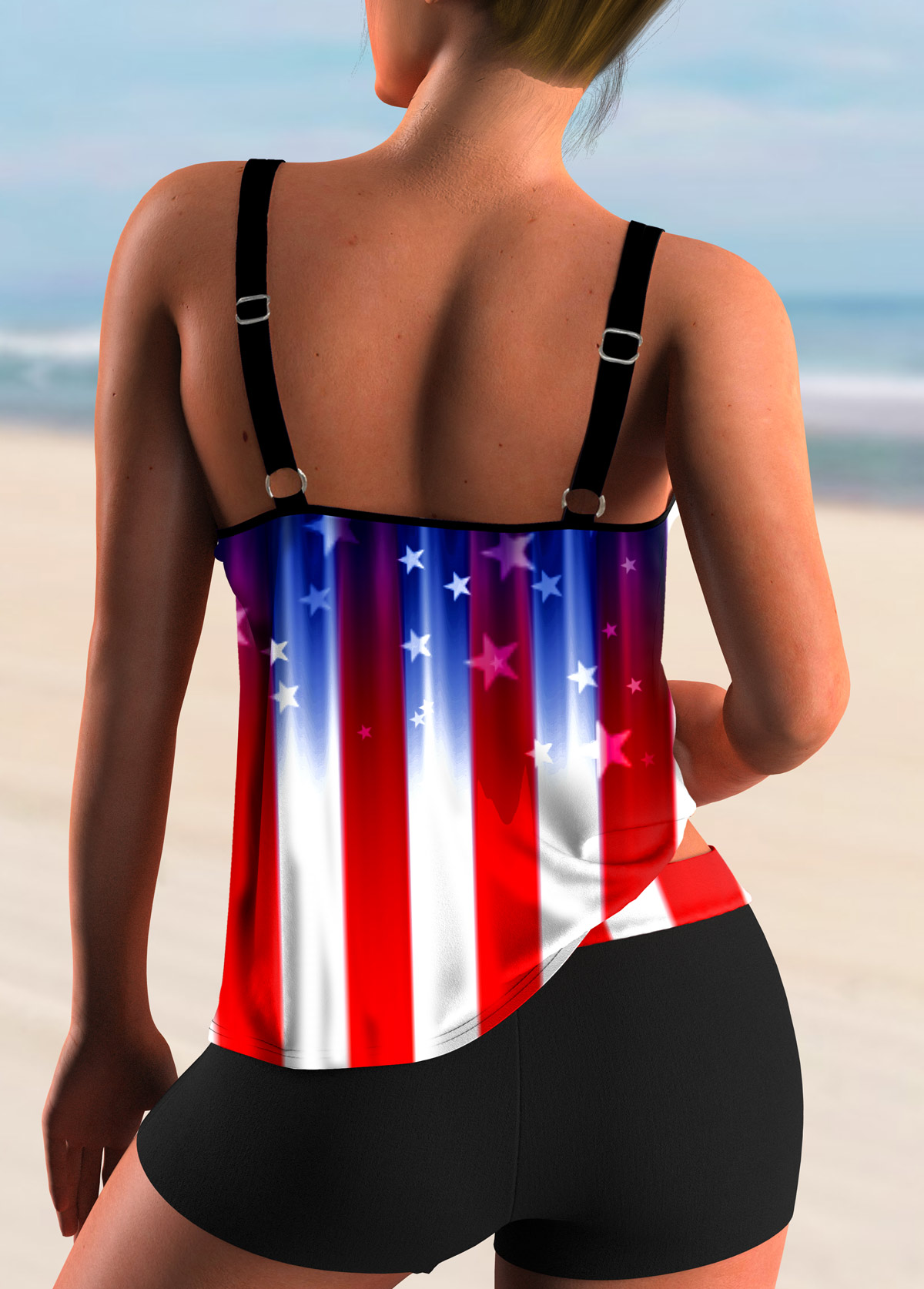 Blue swimwear,Flag swimwear,ROTITA American Flag Print Spaghetti Strap Tankini Set