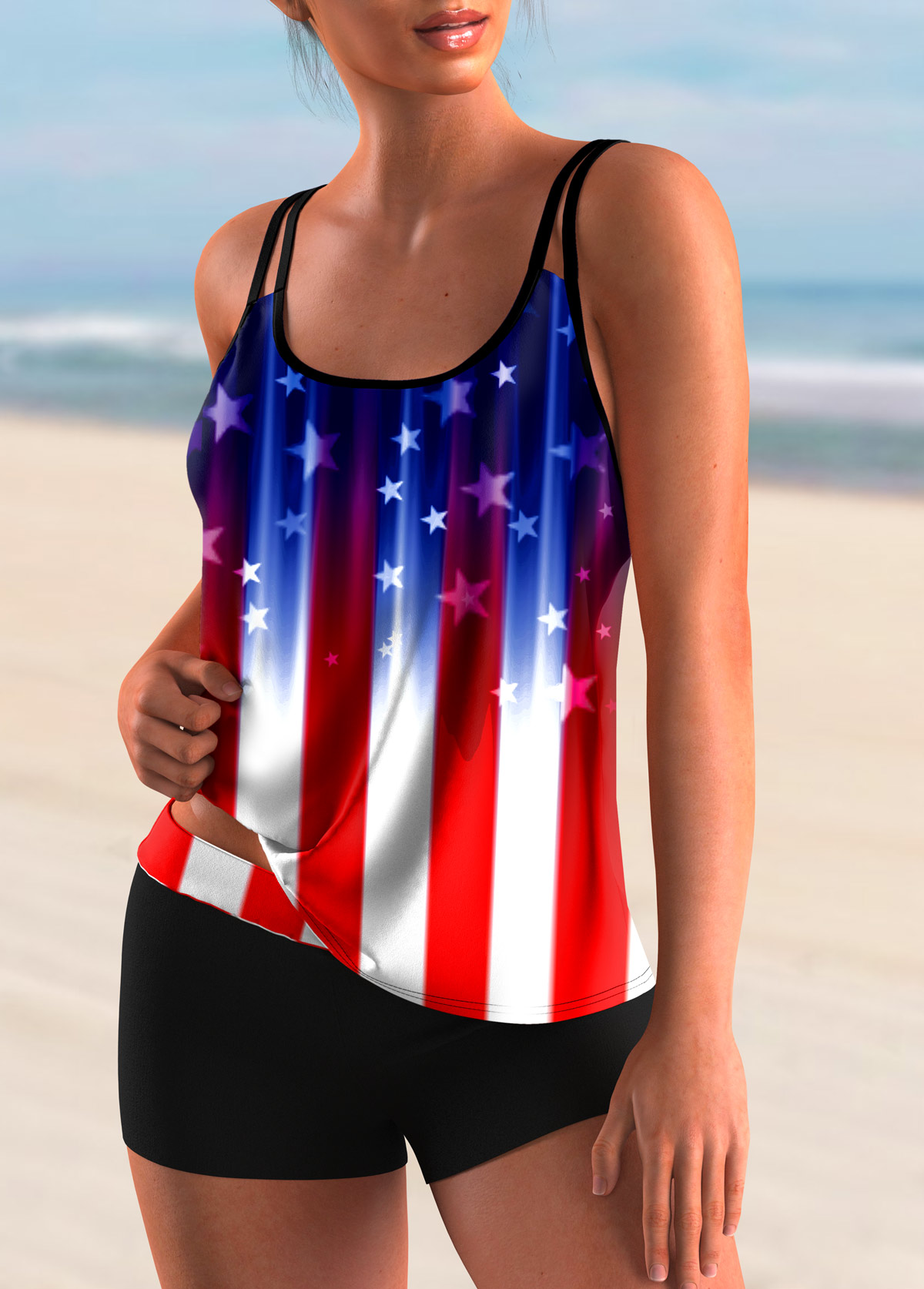 Blue swimwear,Flag swimwear,ROTITA American Flag Print Spaghetti Strap Tankini Set