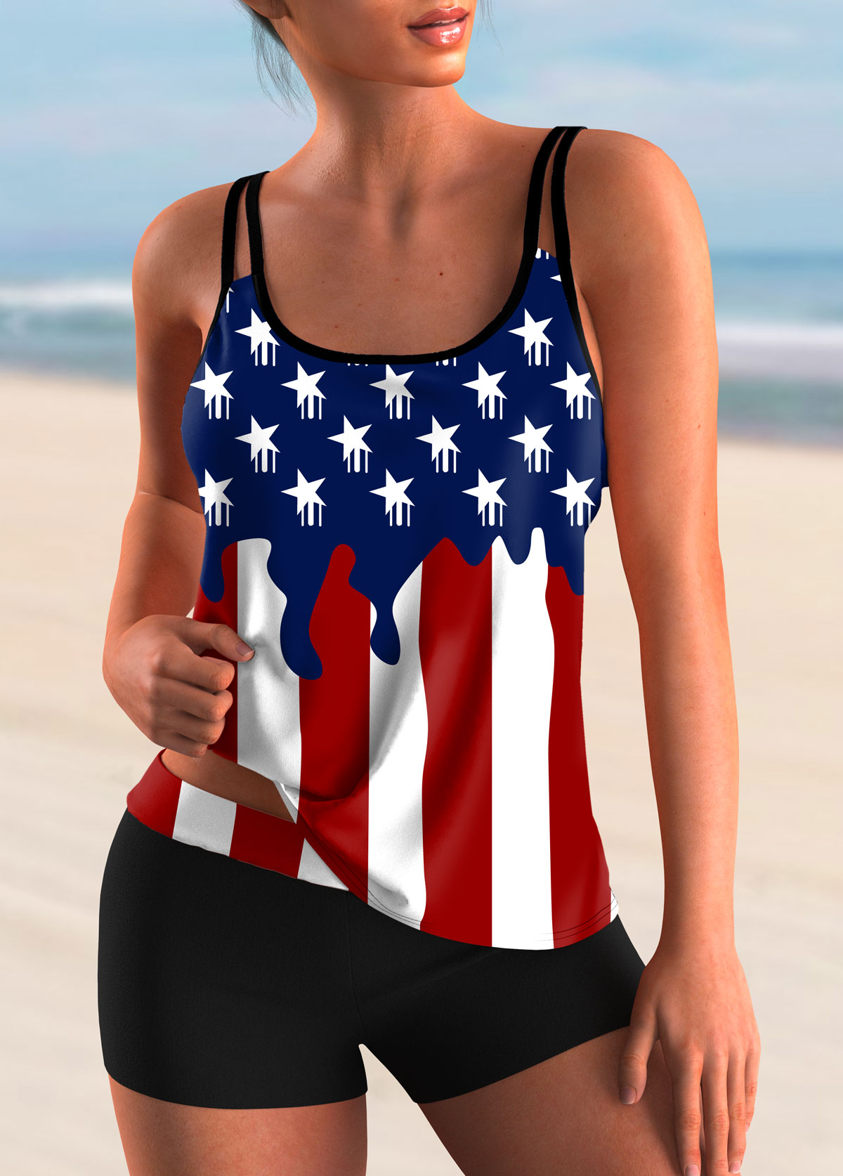 Blue swimwear,Flag swimwear,ROTITA Spaghetti Strap American Flag Print Tankini Set