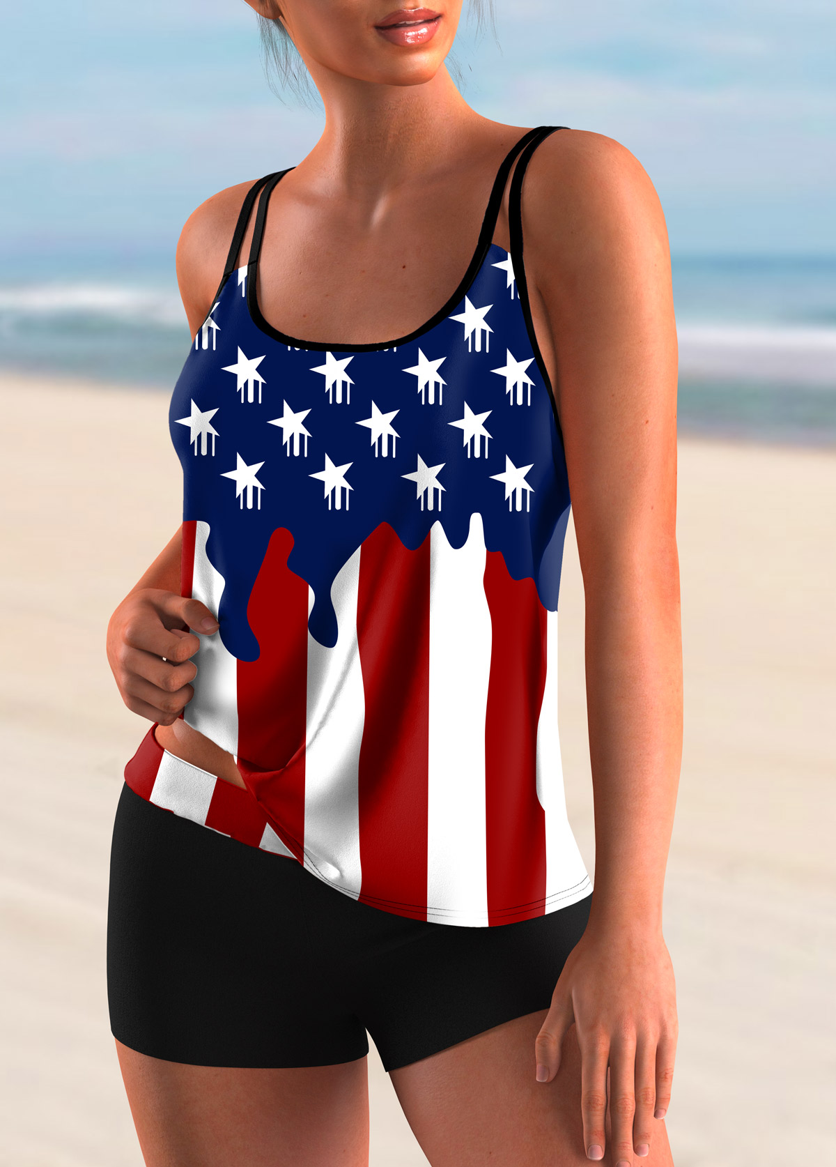 Blue swimwear,Flag swimwear,ROTITA Spaghetti Strap American Flag Print Tankini Set