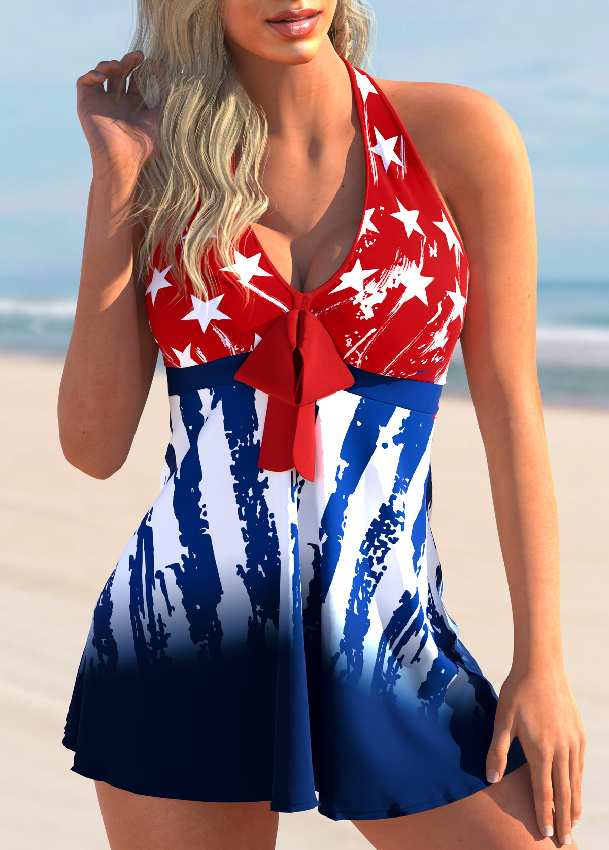Navy swimwear,Flag swimwear,ROTITA Bowknot American Flag Print Tankini Set