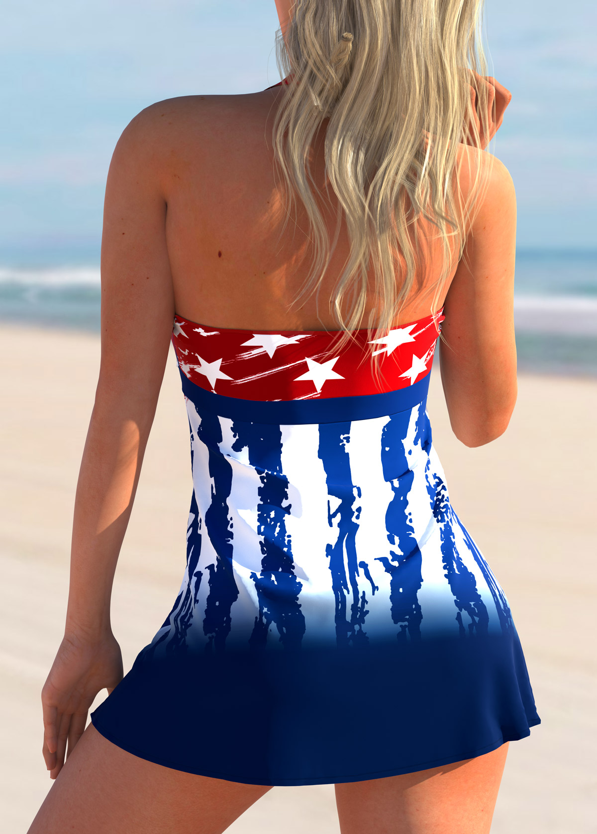 Navy swimwear,Flag swimwear,ROTITA Bowknot American Flag Print Tankini Set