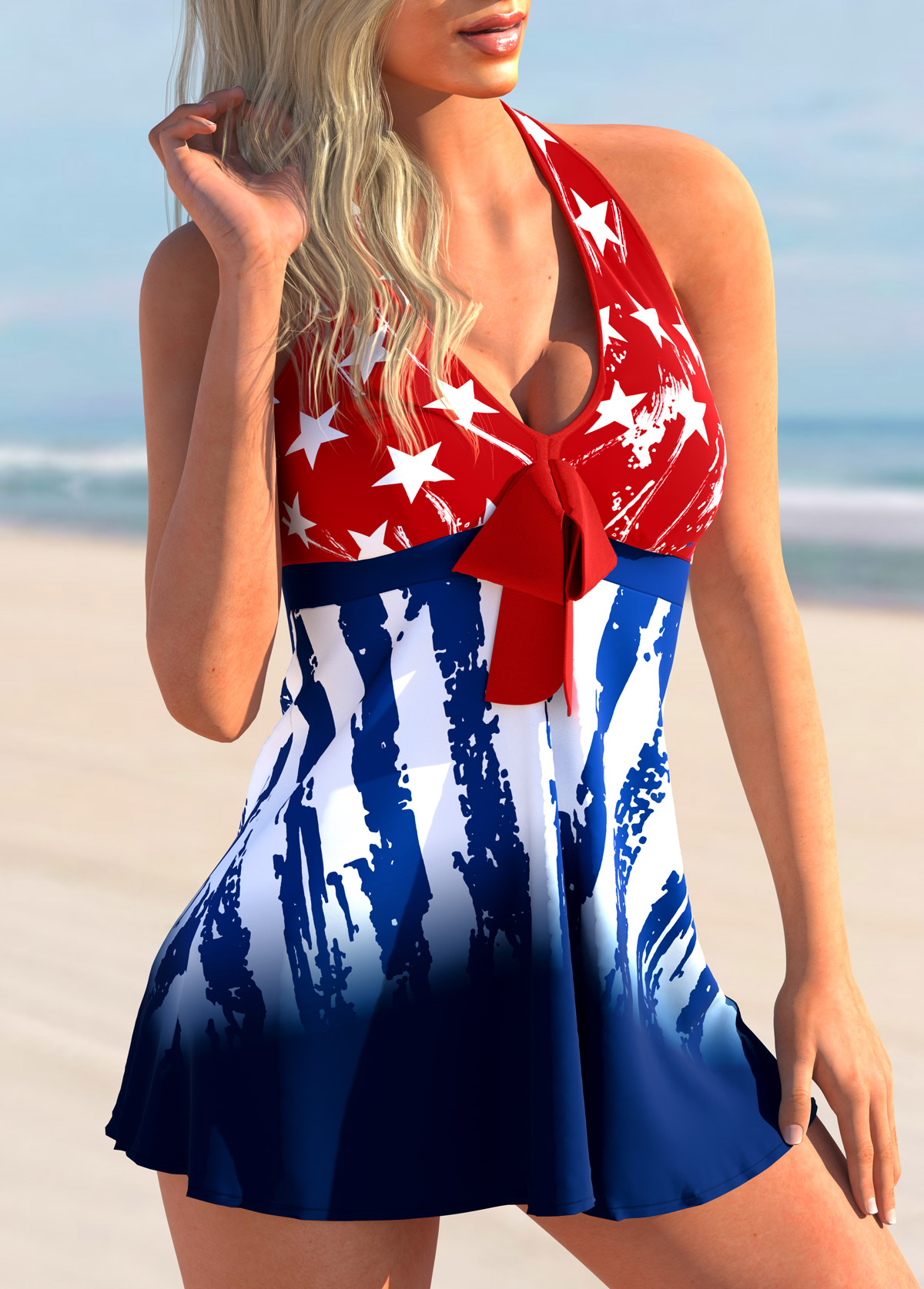 Navy swimwear,Flag swimwear,ROTITA Bowknot American Flag Print Tankini Set