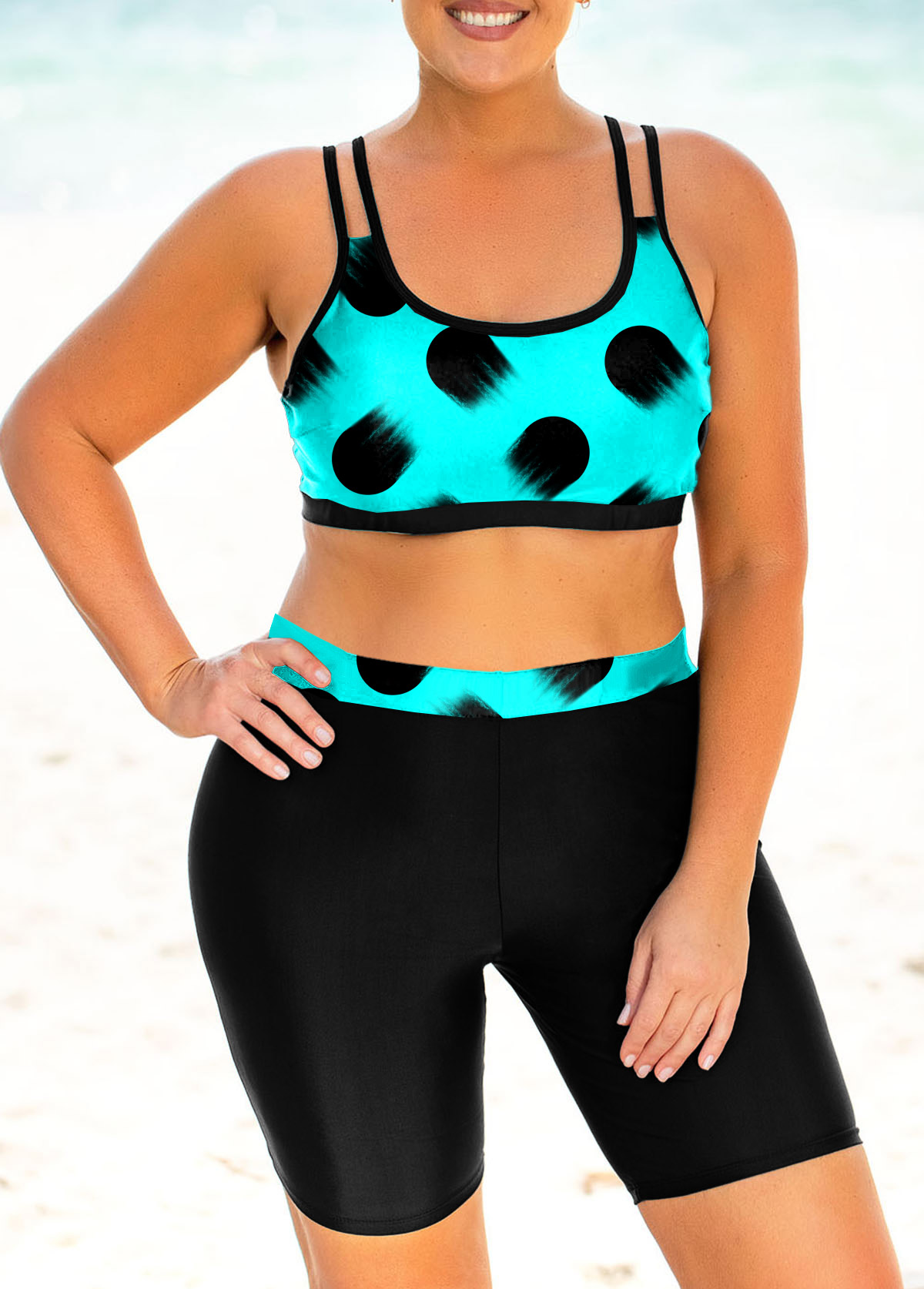 Cyan plus size,Dot plus size,ROTITA Polka Dot Plus Size High Waisted Bikini Set
