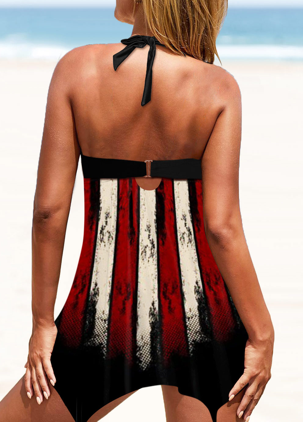 Multi Color swimwear,Flag swimwear,ROTITA American Flag Print Asymmetric Hem Halter Swimdress and Panty