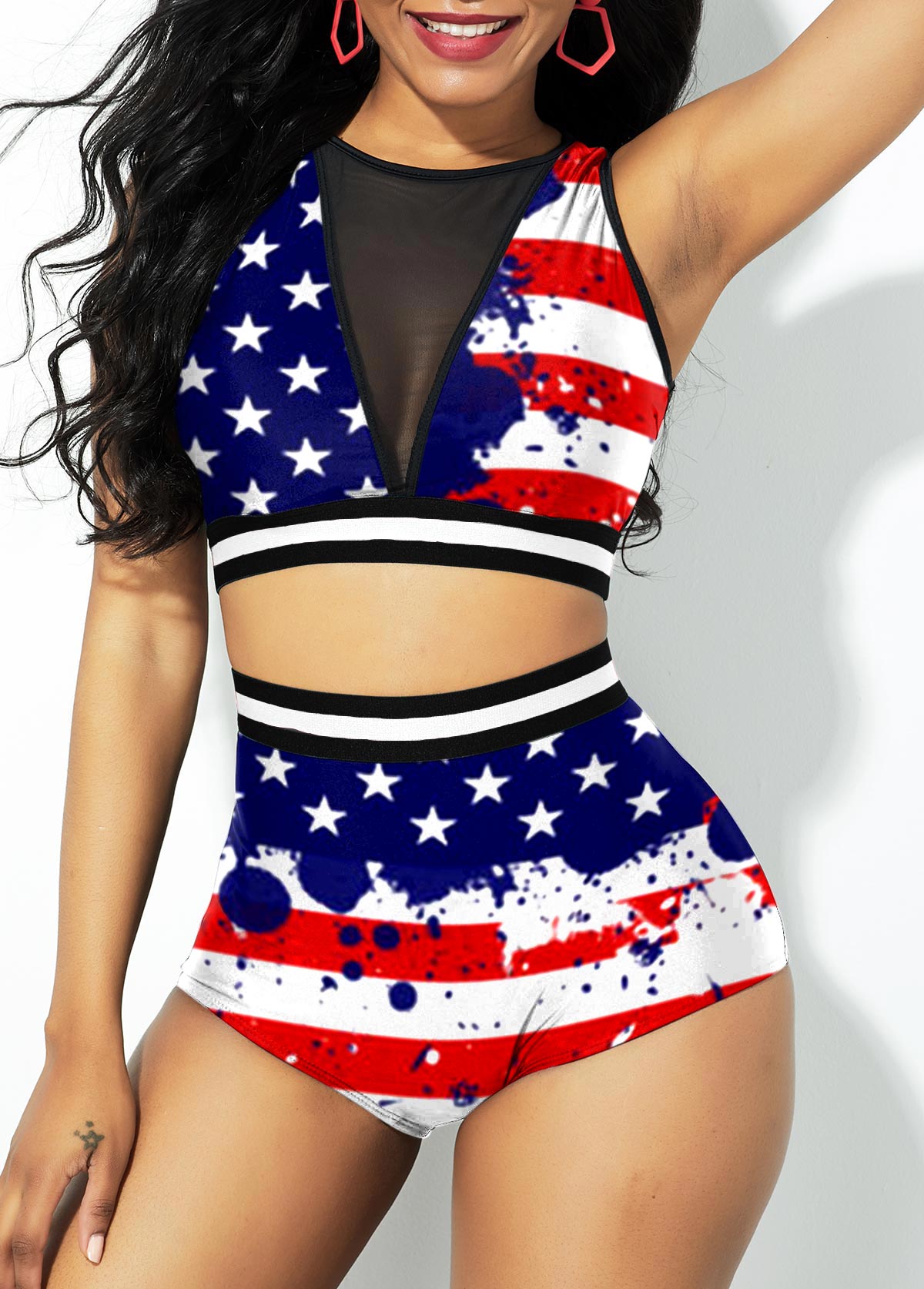 ROTITA Ensemble de bikini taille haute à imprimé drapeau américain