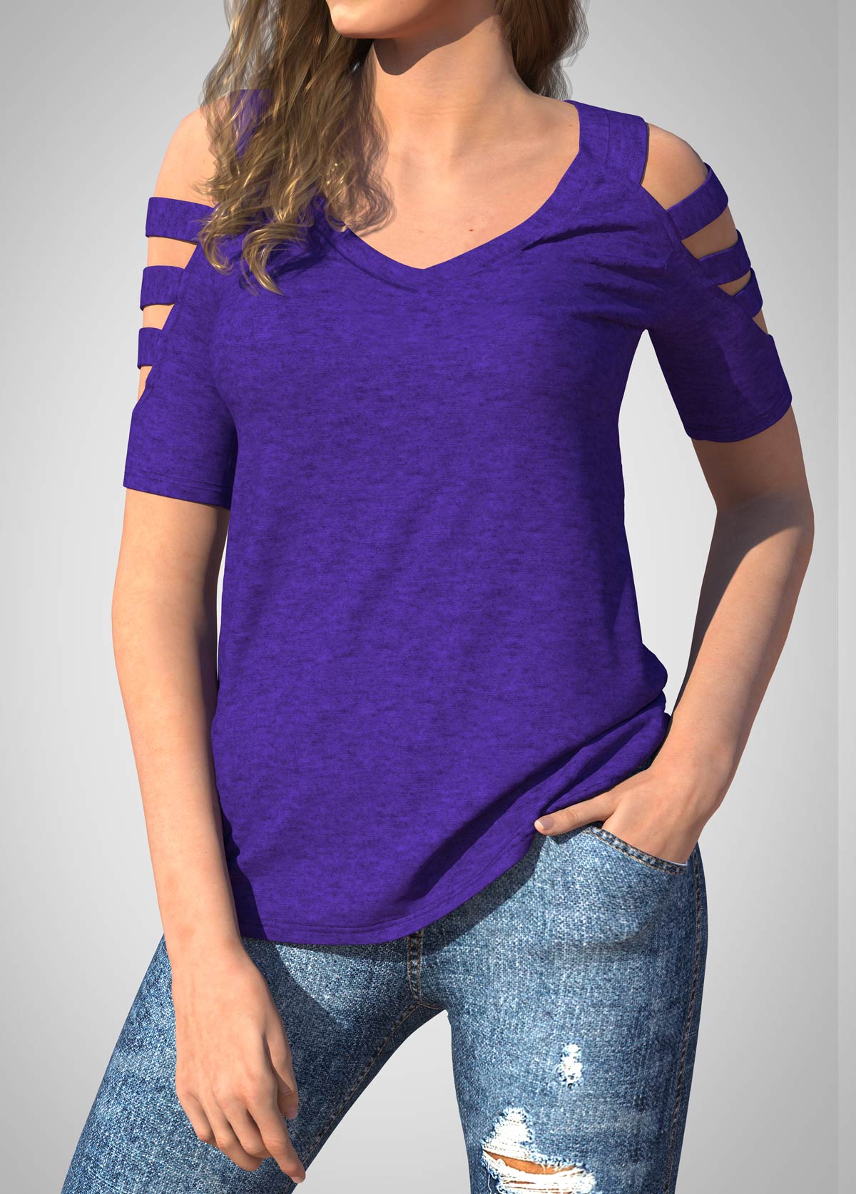 Purple tops,Plain Color tops,ROTITA V Neck SLadder Cutout Sleeve Solid T Shirt