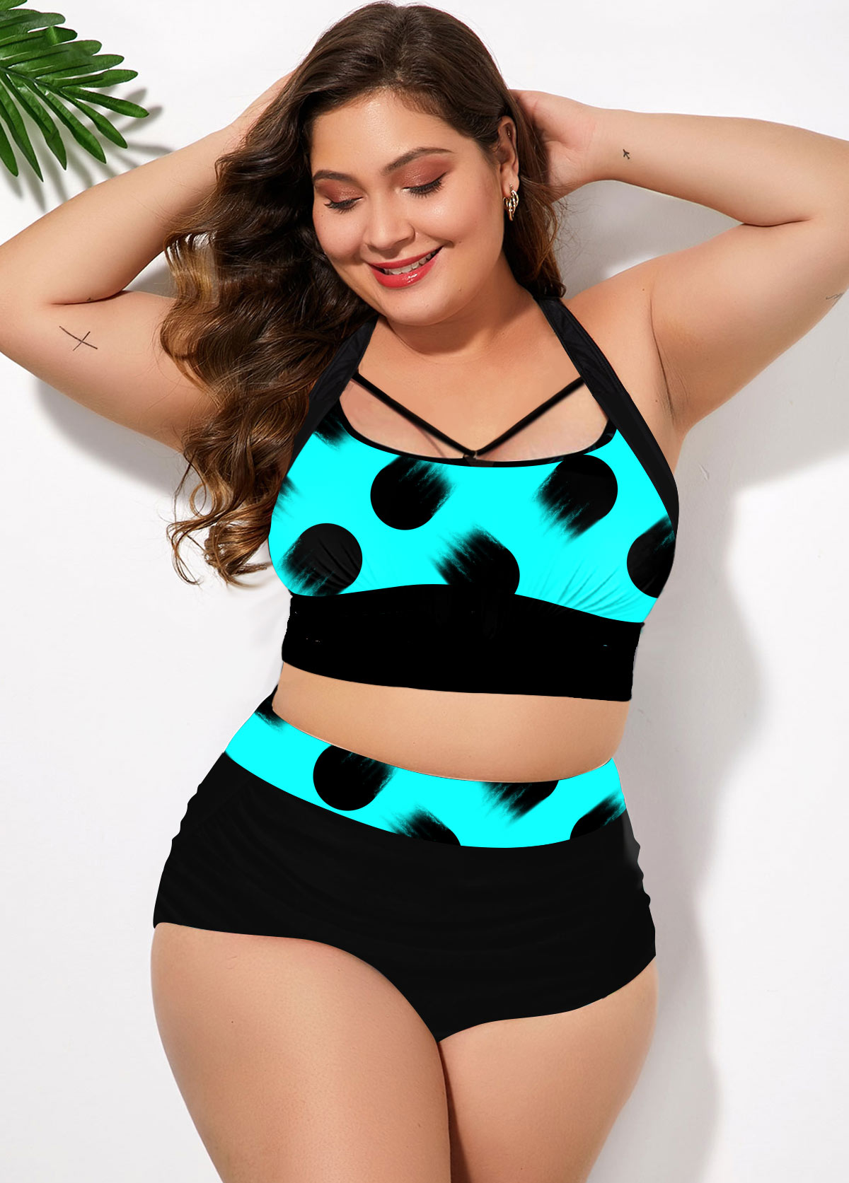 Blue plus size,Dot plus size,ROTITA High Waist Polka Dot Plus Size Bikini Set 