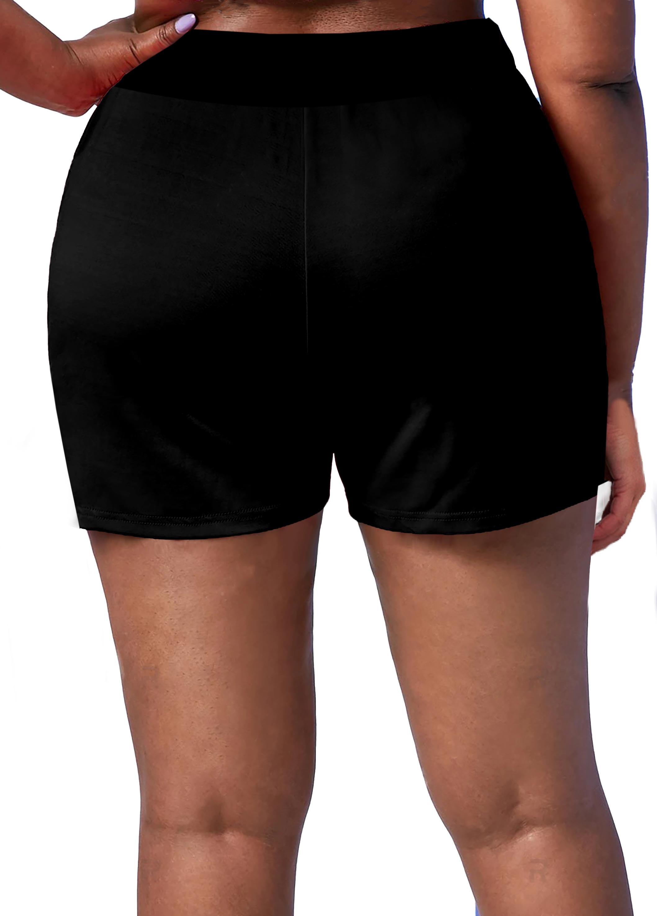 Black plus size,Plain Color plus size,ROTITA High Waisted Plus Size Drawstring Waist Swim Shorts