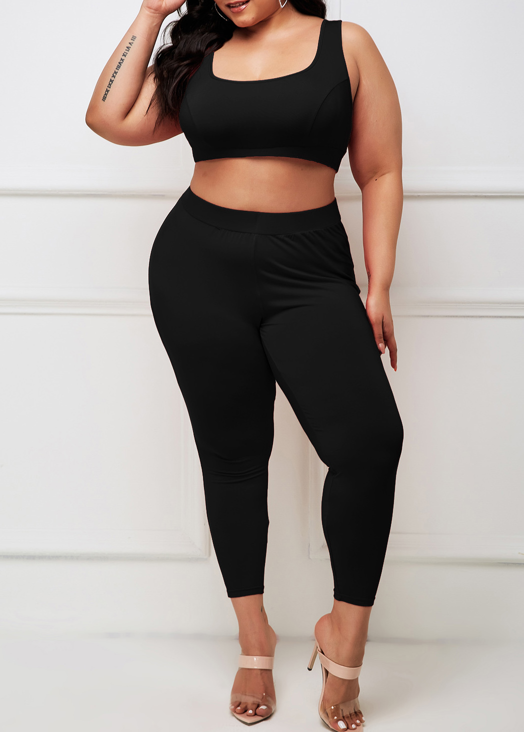 Black plus size,Plain Color plus size,ROTITA Black Plus Size Wide Strap High Waisted Sweatsuit