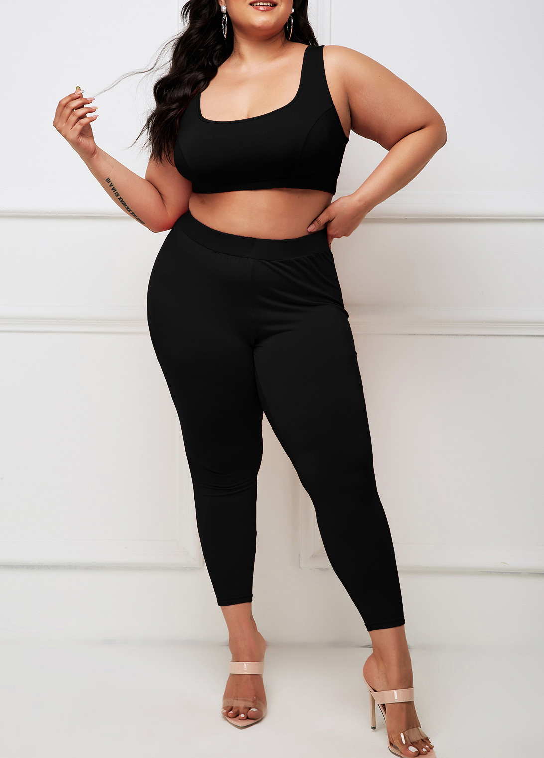 Black plus size,Plain Color plus size,ROTITA Black Plus Size Wide Strap High Waisted Sweatsuit