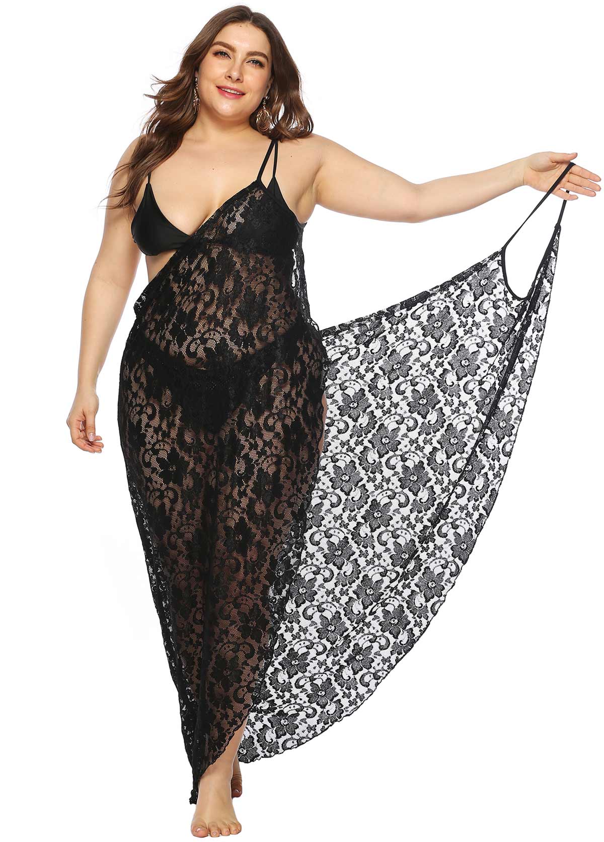 Black plus size,Plain Color plus size,Spaghetti Strap Plus Size Lace Cover Up