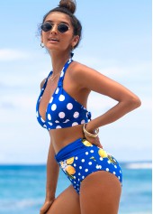 Blue swimwear,Dot swimwear,ROTITA Polka Dot High Waist Halter Bikini Set