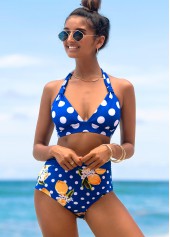 Blue swimwear,Dot swimwear,ROTITA Polka Dot High Waist Halter Bikini Set