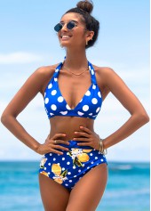 Blue swimwear,Dot swimwear,ROTITA Polka Dot High Waist Halter Bikini Set