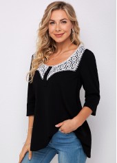 Black tops,Contrast Color tops,ROTITA 3/4 Sleeve Lace Stitching Decorative Button T Shirt