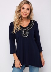 Plain Color tops,ROTITA 3/4 Sleeve Embellished Neck Navy Blue T Shirt