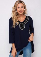 Plain Color tops,ROTITA 3/4 Sleeve Embellished Neck Navy Blue T Shirt