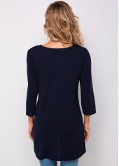 Plain Color tops,ROTITA 3/4 Sleeve Embellished Neck Navy Blue T Shirt