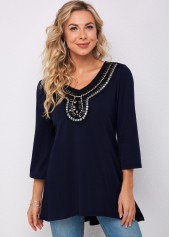 ROTITA 3/4 Sleeve Embellished Neck Navy Blue T Shirt