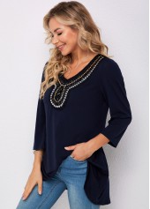 Plain Color tops,ROTITA 3/4 Sleeve Embellished Neck Navy Blue T Shirt