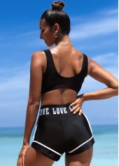 Black swimwear,Letter swimwear,ROTITA Cross Strap Letter Print High Waisted Bikini Set
