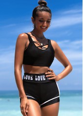 Black swimwear,Letter swimwear,ROTITA Cross Strap Letter Print High Waisted Bikini Set