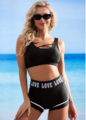 Black swimwear,Letter swimwear,ROTITA Cross Strap Letter Print High Waisted Bikini Set