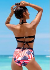 Multi Color swimwear,Flag swimwear,ROTITA Bowknot American Flag Print Halter Bikini Set