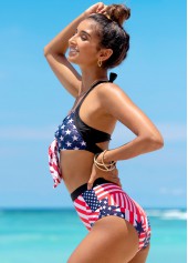 Multi Color swimwear,Flag swimwear,ROTITA Bowknot American Flag Print Halter Bikini Set